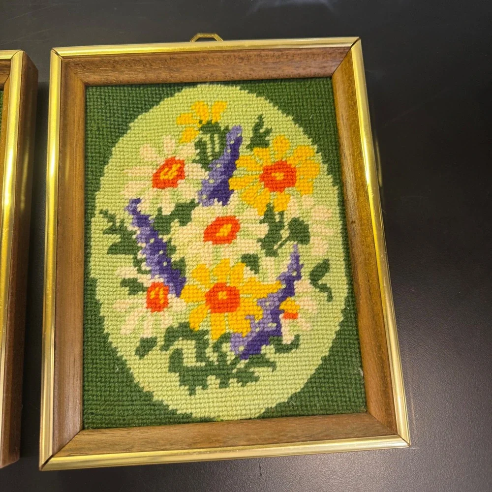 Vintage Framed Needlepoint Floral Wall Art Set of 2 Green Blue Yellow 9x7